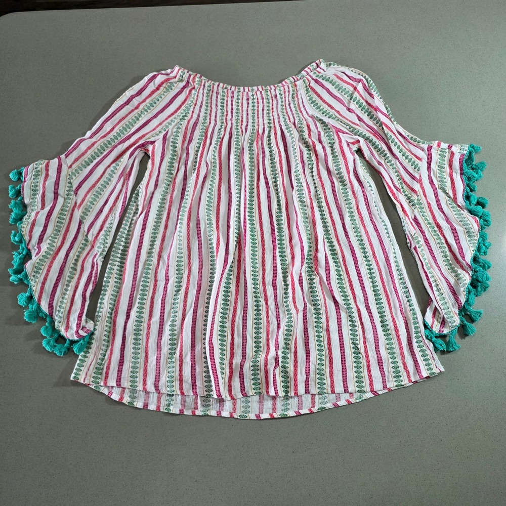 Studio West Apparel Women M Tassel Bell Sleeve Off Shoulder Boho Striped Top